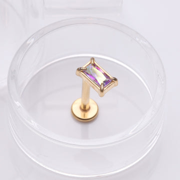 Detail View 1 of Golden Baguette Prong Set Sparkle Top Internally Threaded Labret Flat Back Stud-Aurora Borealis